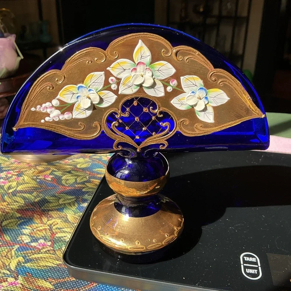 Czech Bohemian 24K Gold Enamel Cobalt Blue Art Glass Napkin Holder Pedestal